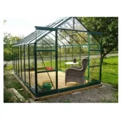 Nouveau ? CHALET & JARDIN Serre En Verre Trempé 4 Mm Modèle 128 + Base - 8,9 M² - Alu Peint Vert ✨