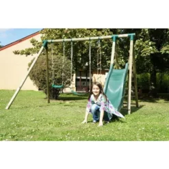 Budget ? Chalet & Jardin Portique & Toboggan De Jardin En Bois Navajos 330 X 260 X 230 Cm - Tissu Protection Bleu ✨