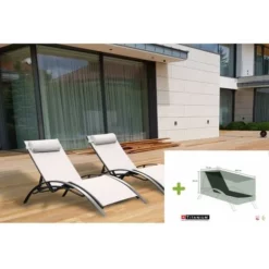 Coupon ⌛ CHALET & JARDIN Lot De 2 Bains De Soleil MONACO - BLANC ECRU (transat) + 1 Bâche De Protection TITANIUM ?